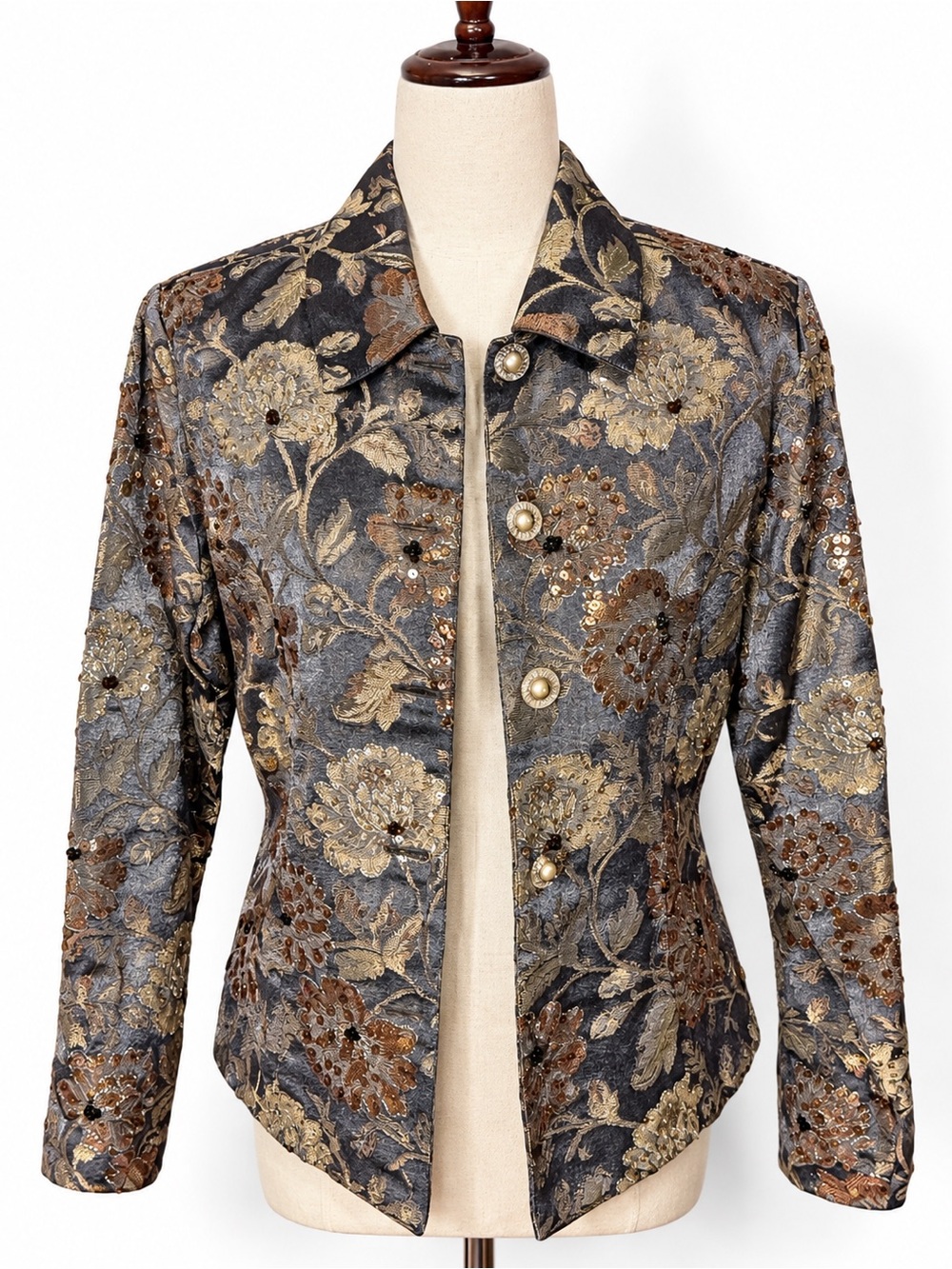 Vintage Anaheim beaded and sequin jaquard floral tapestry jacket in dusty blue-S